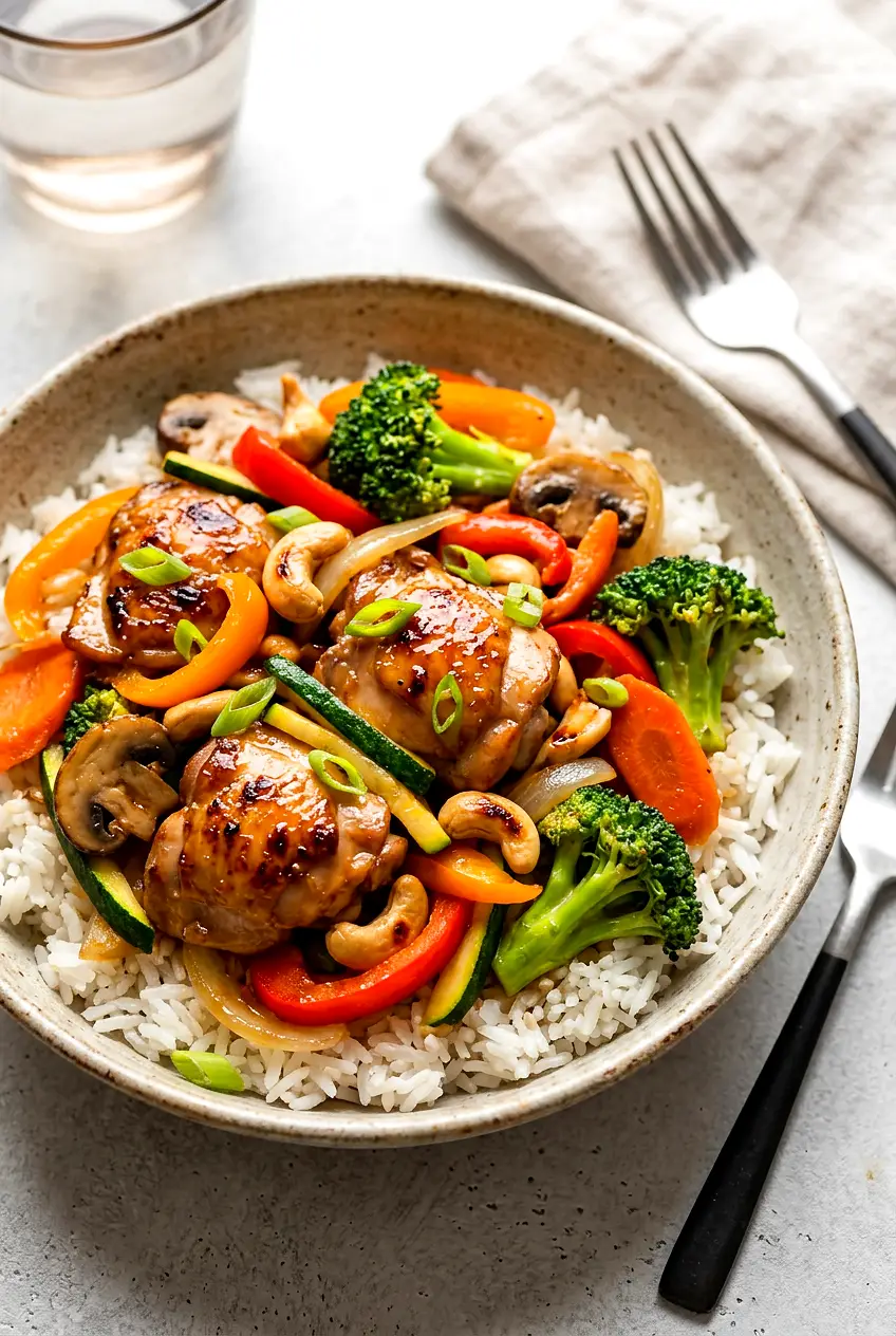 Chicken stir-fry with glossy honey-soy sauce, broccoli, peppers, carrots, and chicken served over rice