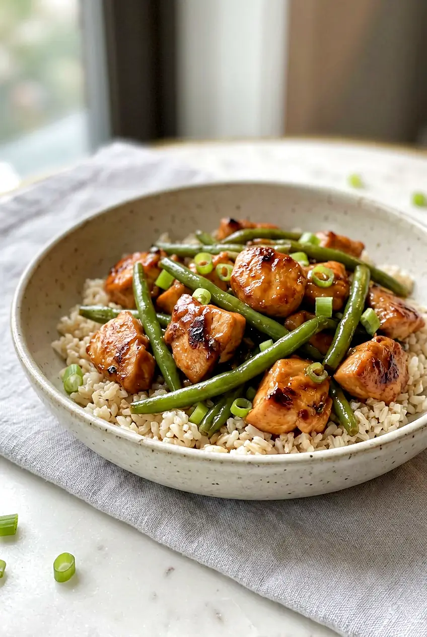 Healthy chicken and green bean stir-fry served over rice with glossy sauce and scallions