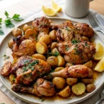 One pan chicken and potatoes with browned chicken thighs and roasted baby potatoes on a serving platter