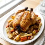 Roasted garlic chicken with browned vegetables on a platter, golden skin and pan juices