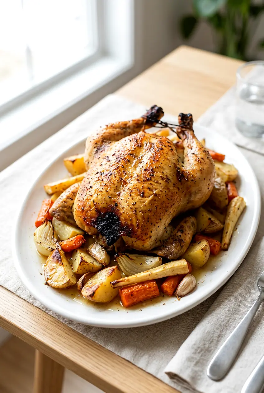 Roasted garlic chicken with browned vegetables on a platter, golden skin and pan juices