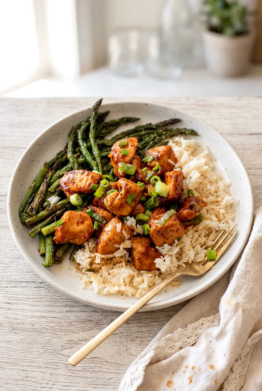 Honey mustard chicken bowls with jasmine rice, roasted asparagus, and sliced green onions