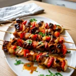 Honey garlic chicken skewers on a simple platter with charred peppers and onions, sprinkled with sesame seeds and cilantro.