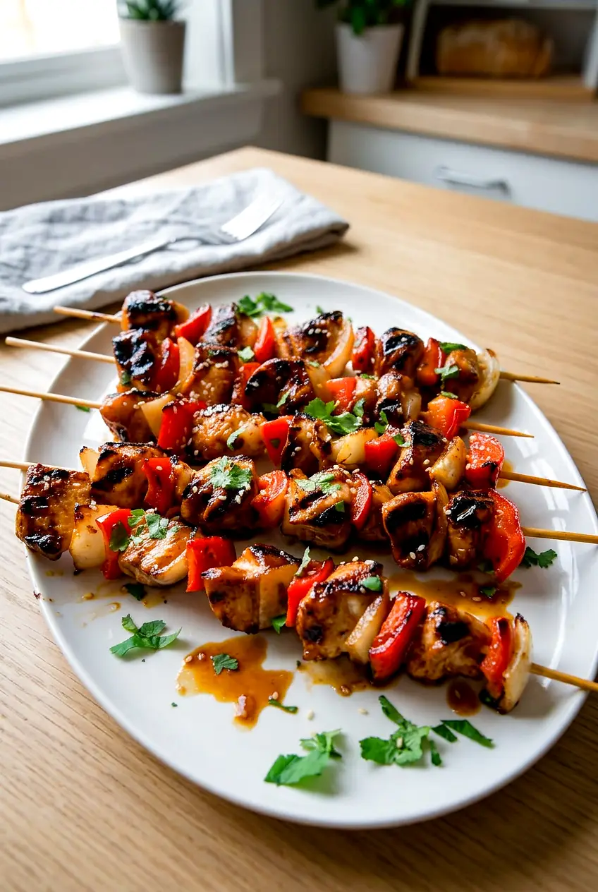 Honey garlic chicken skewers on a simple platter with charred peppers and onions, sprinkled with sesame seeds and cilantro.
