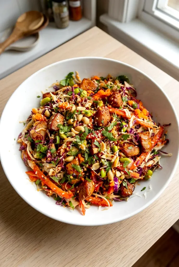 Asian chicken crunch salad in a bowl with cabbage, chicken, edamame, and chopped peanuts
