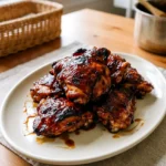 Char siu chicken thighs glazed and roasted on a simple plate
