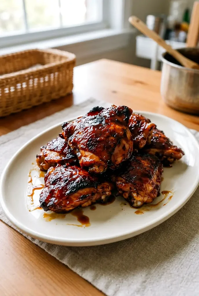 Char siu chicken thighs glazed and roasted on a simple plate