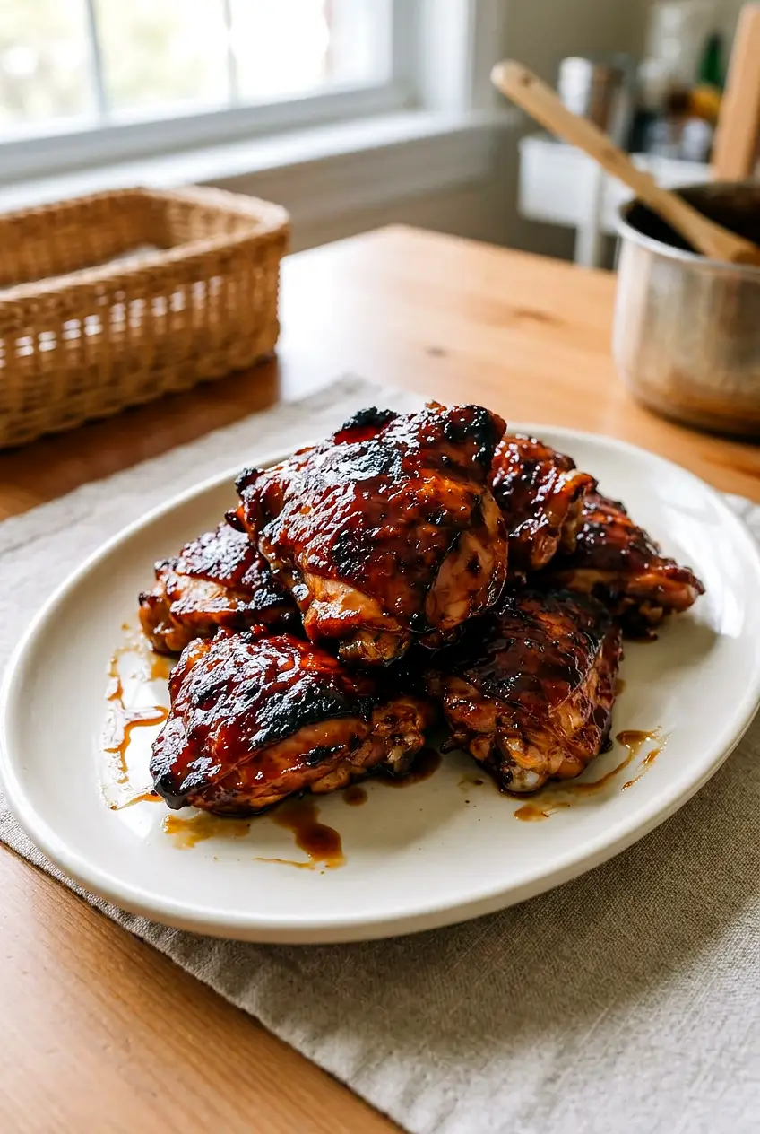 Char siu chicken thighs glazed and roasted on a simple plate