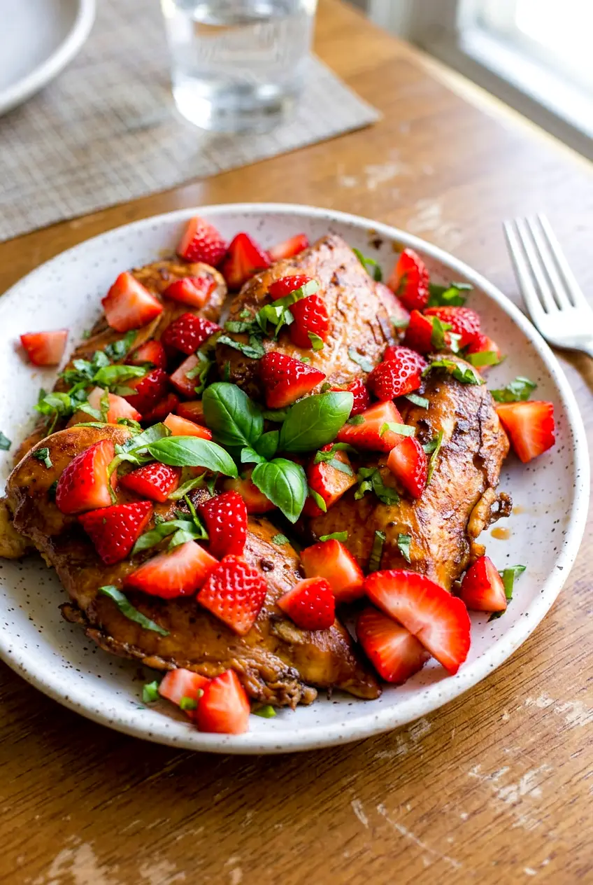 Strawberry basil chicken topped with chopped strawberries and basil on a simple plate