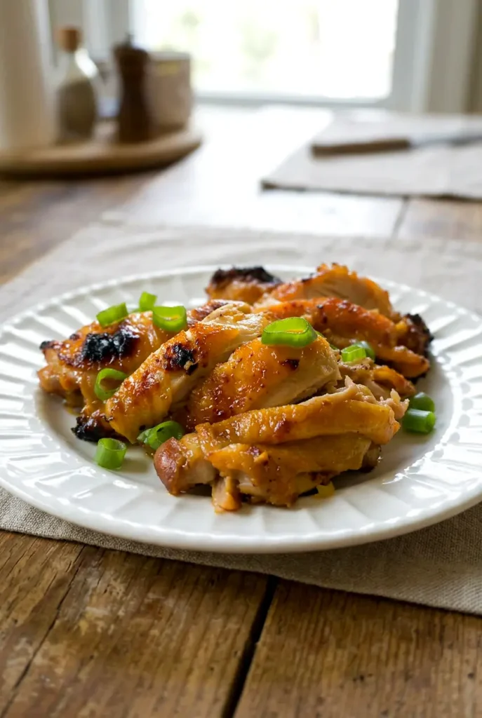 Vietnamese lemongrass chicken thighs served on a plate with browned, crisp edges