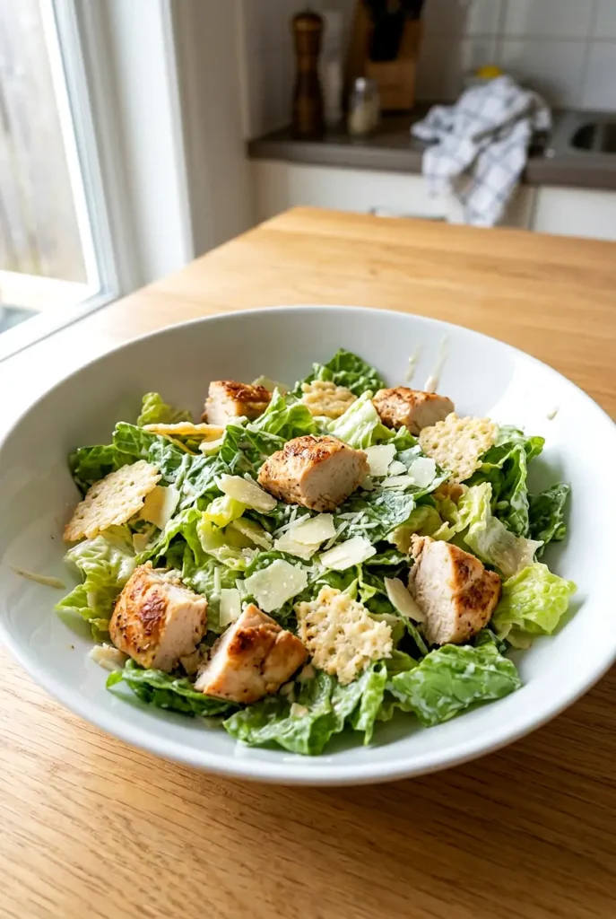 Keto chicken Caesar salad in a bowl with sliced chicken, romaine, Parmesan, and crisps