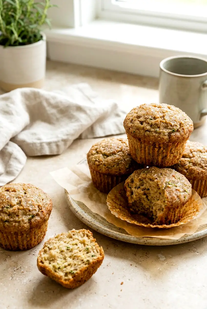 Simple zucchini muffins arranged on a plate in a different angle
