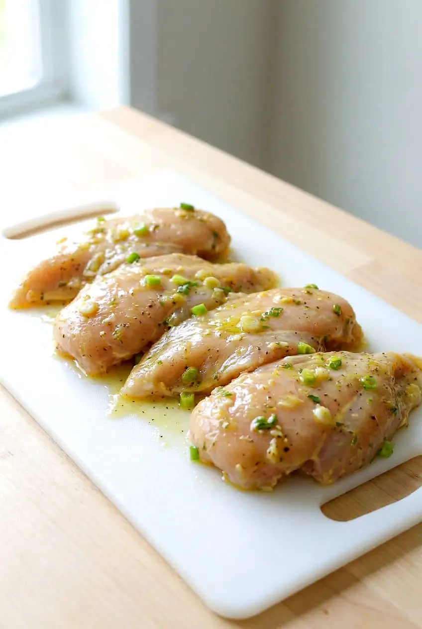 Chicken breasts in marinade laid out in zip-top bags on a white board