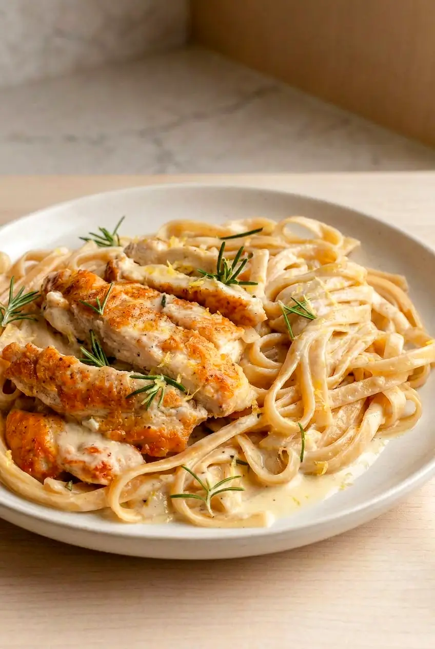 Creamy chicken pasta served in a shallow bowl with sliced chicken and herbs from a different angle