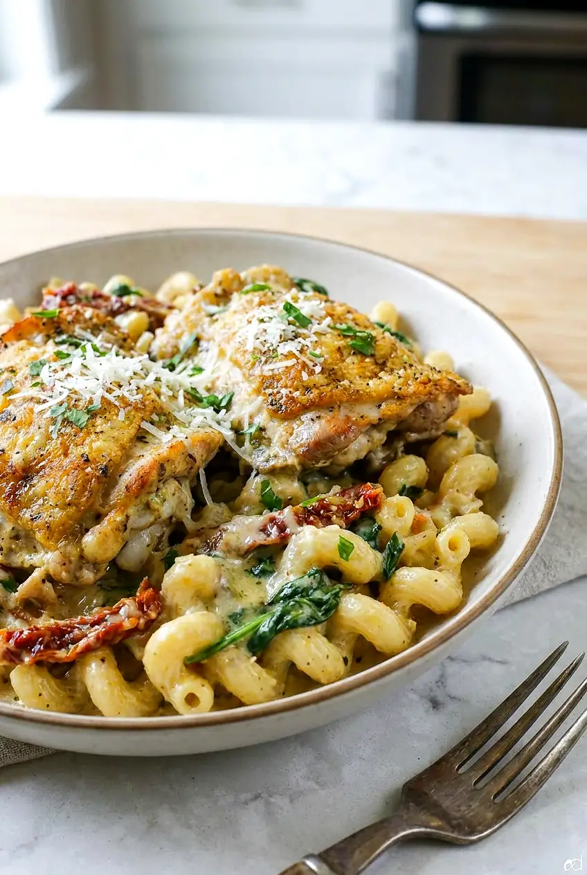 Creamy chicken thigh pasta in a shallow bowl with cavatappi, sun-dried tomatoes, and wilted spinach.