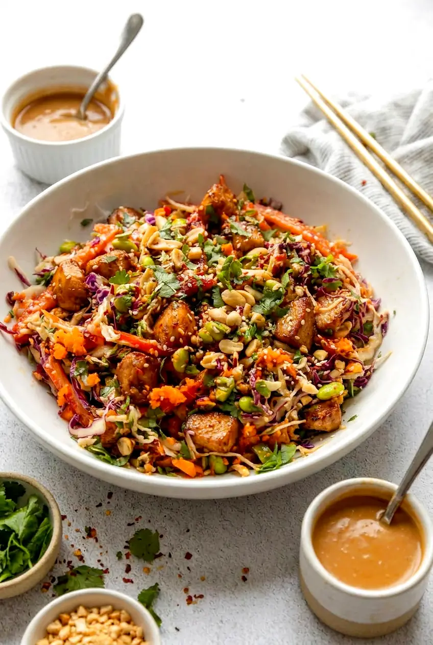Asian chicken crunch salad served in a wide bowl with colorful cabbage and sliced chicken