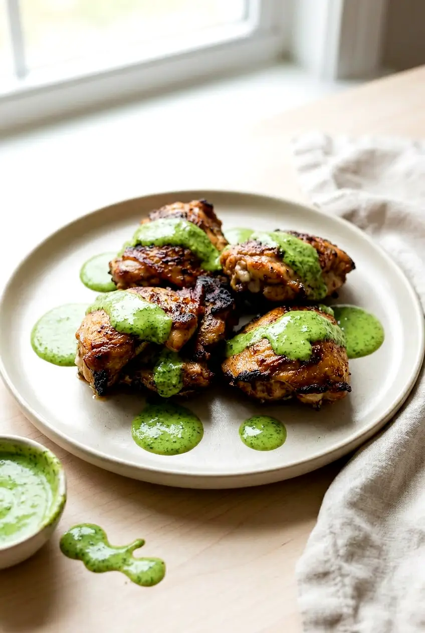 Peruvian grilled chicken served on a plate with green sauce spooned beside it