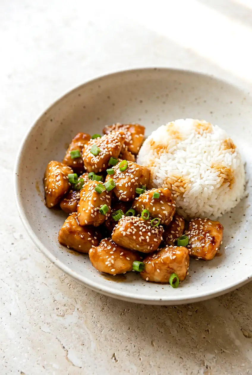 Sesame chicken plated in a shallow bowl with glossy sauce and rice on the side
