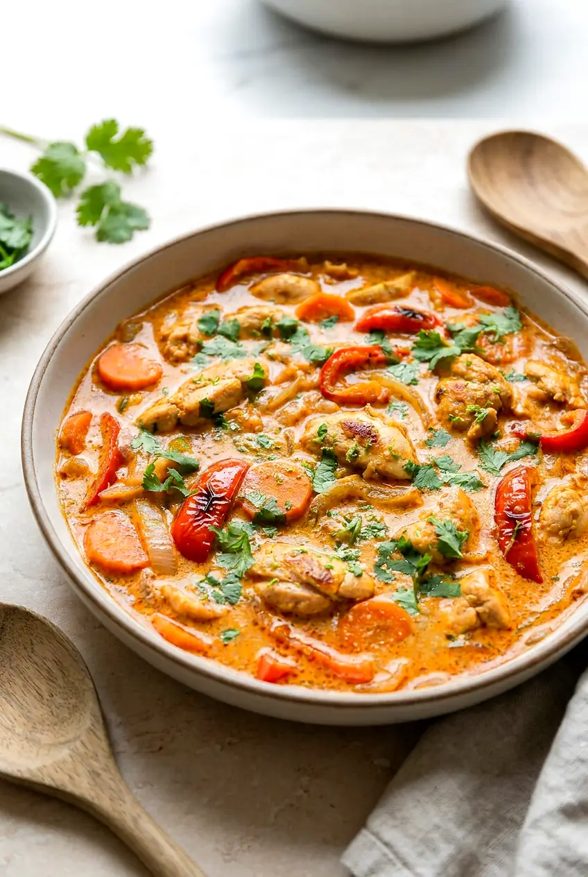 Thai red curry chicken in a shallow bowl with rice on the side and a glossy coconut curry sauce