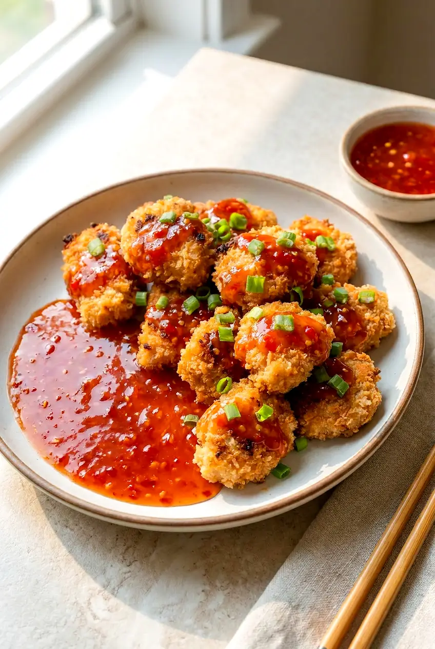 Thai chicken bites plated from a different angle with sweet chili sauce on the side