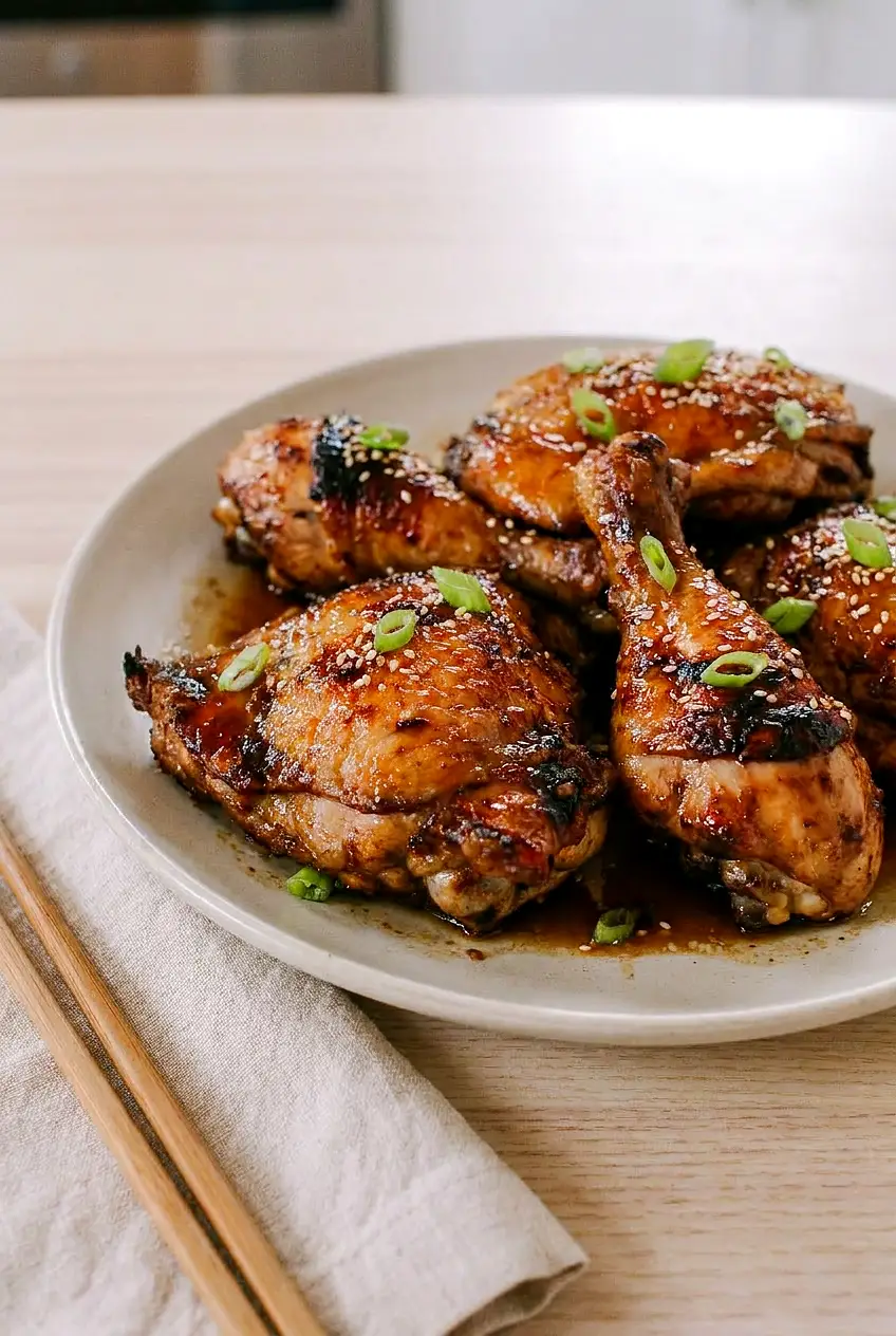 Asian five-spice chicken pieces with dark roasted glaze, arranged on a serving platter.