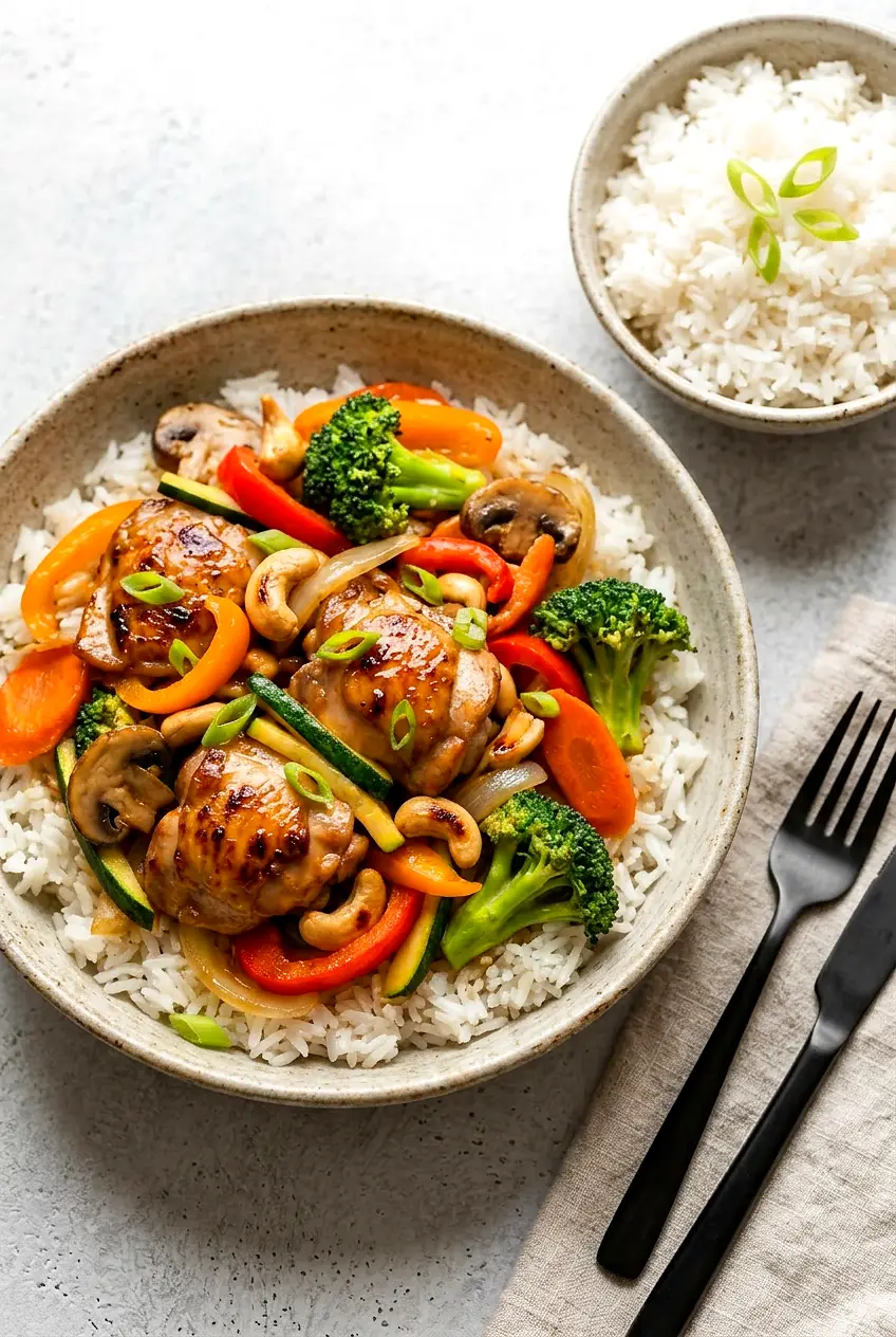 Chicken stir-fry in a shallow bowl with browned chicken, vegetables, and cashews in a glossy sauce