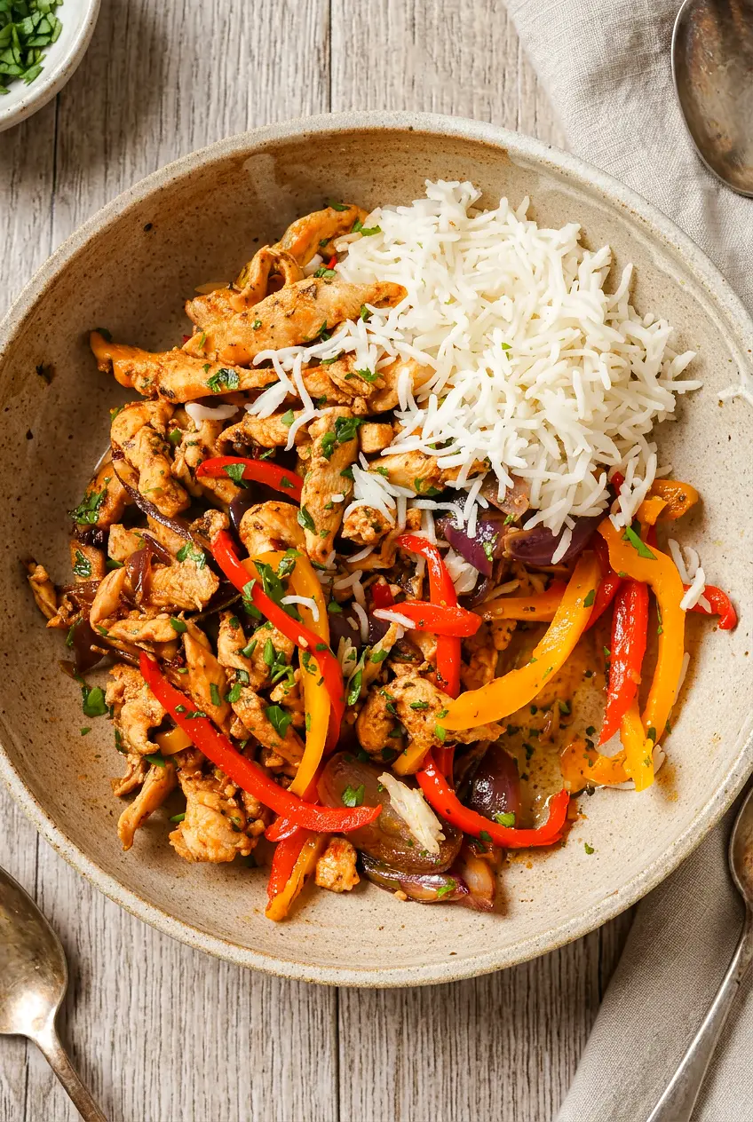 One pan chicken and peppers plated over rice, showing tender chicken pieces and colorful peppers from a different angle.