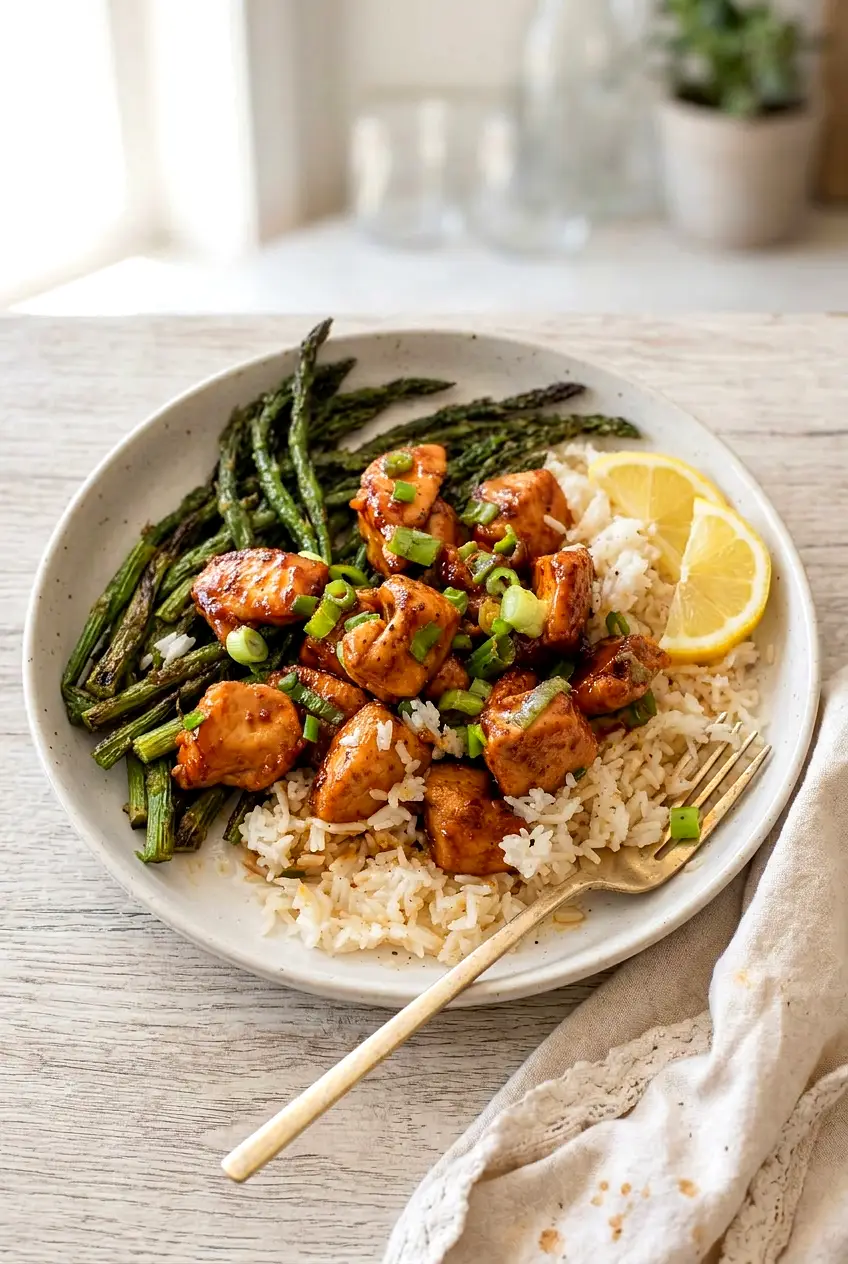 A serving bowl of honey mustard chicken and asparagus over rice with glossy glaze and lemon wedges