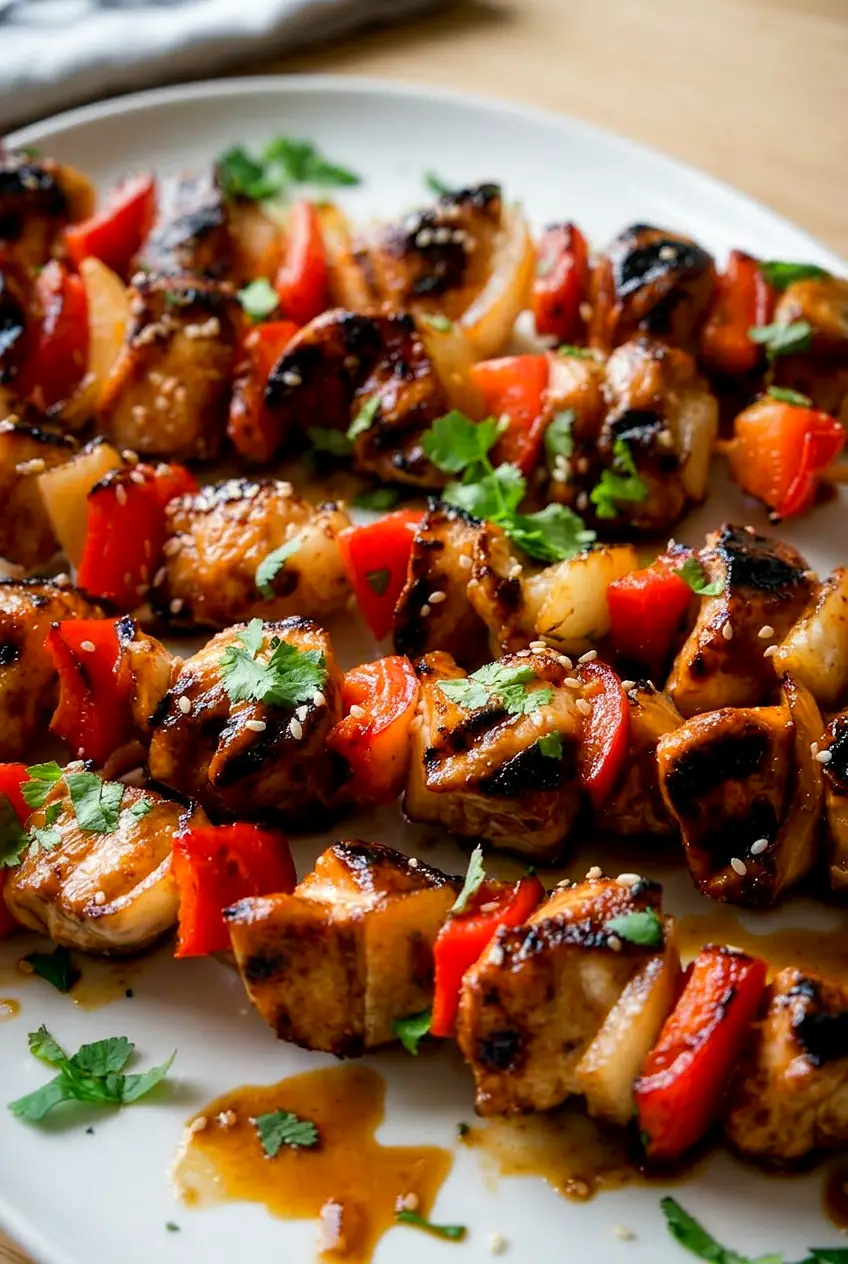 Close view of honey garlic chicken skewers showing glossy glaze, browned chicken edges, and tender vegetables.