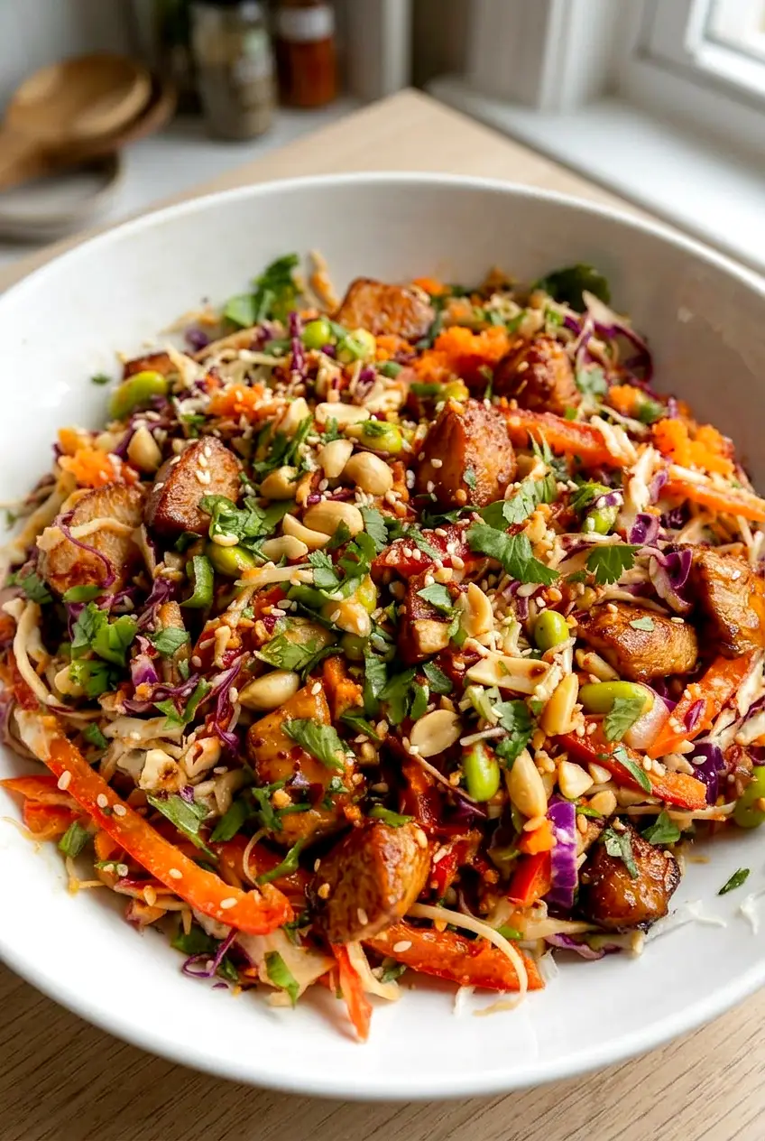 Close-up of Asian chicken crunch salad showing browned chicken and creamy peanut dressing on crisp cabbage