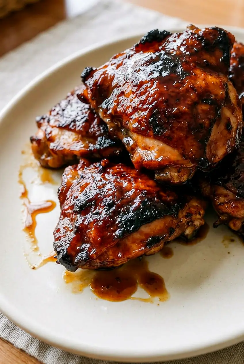 Close view of char siu chicken with glossy mahogany glaze and browned skin