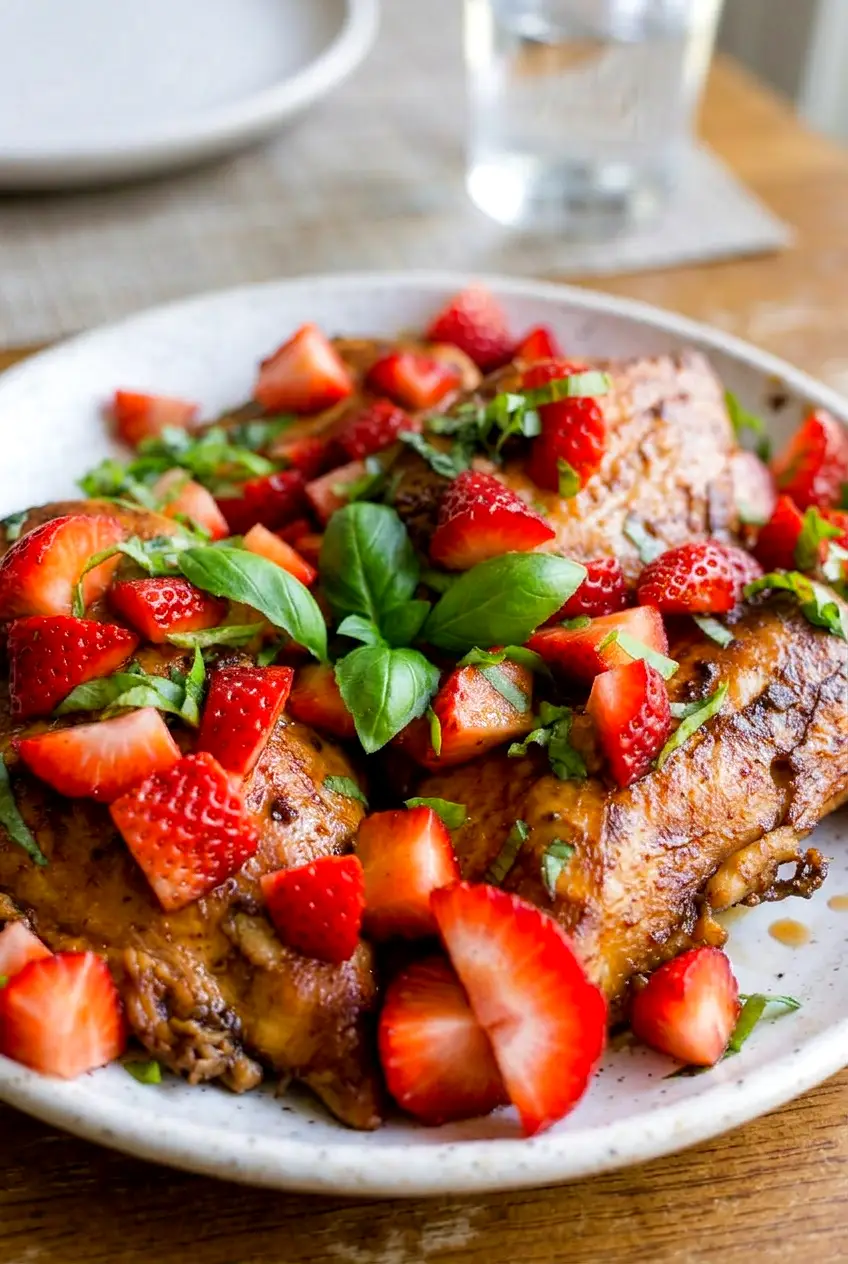 Close view of strawberry basil chicken with browned edges and fresh strawberry topping
