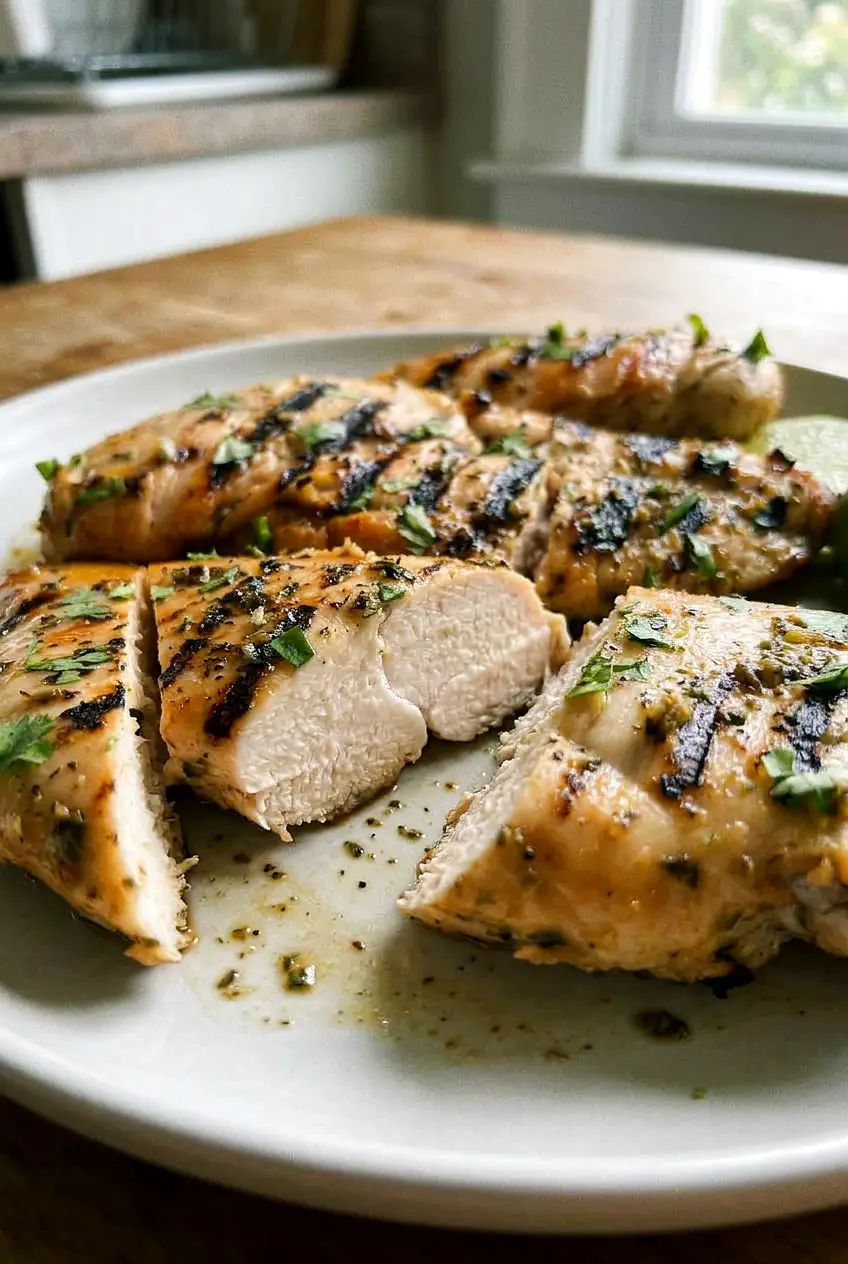 Close-up of Key West grilled chicken showing the browned exterior and moist sliced center
