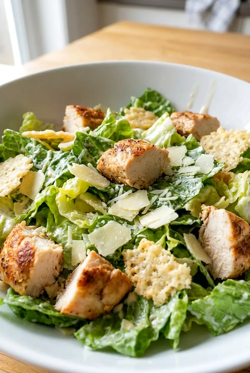 Close-up of keto chicken Caesar salad with creamy dressing on romaine and sliced chicken