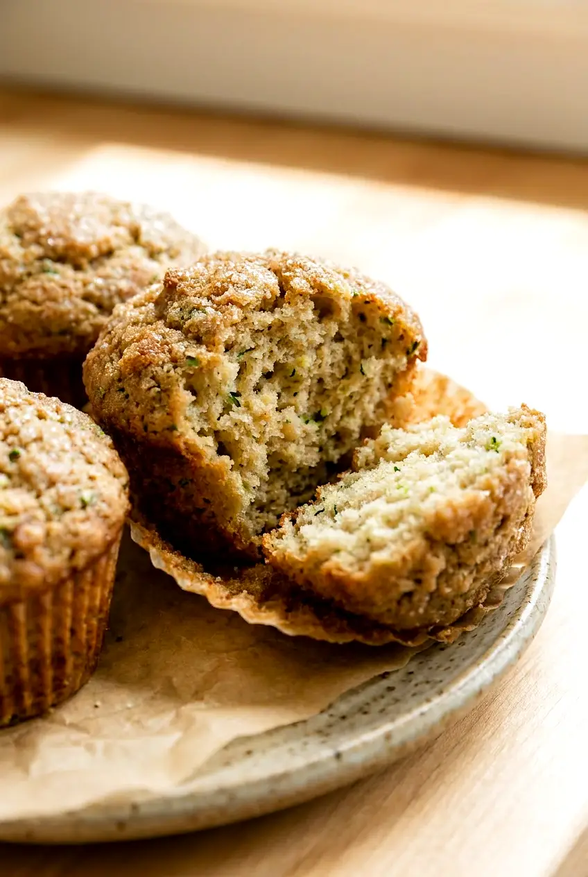 Close-up of a broken-open zucchini muffin showing a soft moist crumb