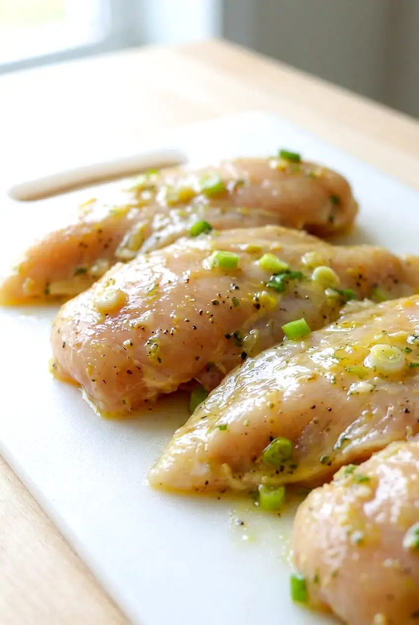 Close-up of chicken breasts coated in glossy citrus-garlic marinade