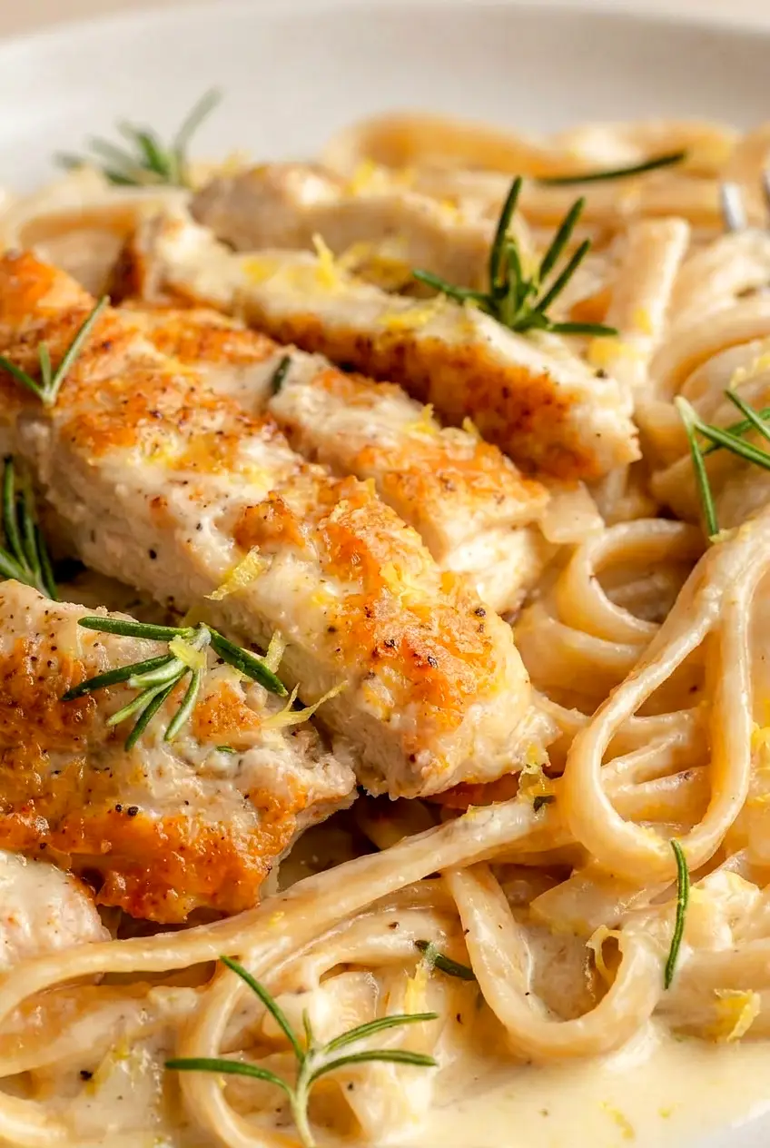 Close-up of creamy chicken pasta with glossy sauce, Parmesan, and tender sliced chicken