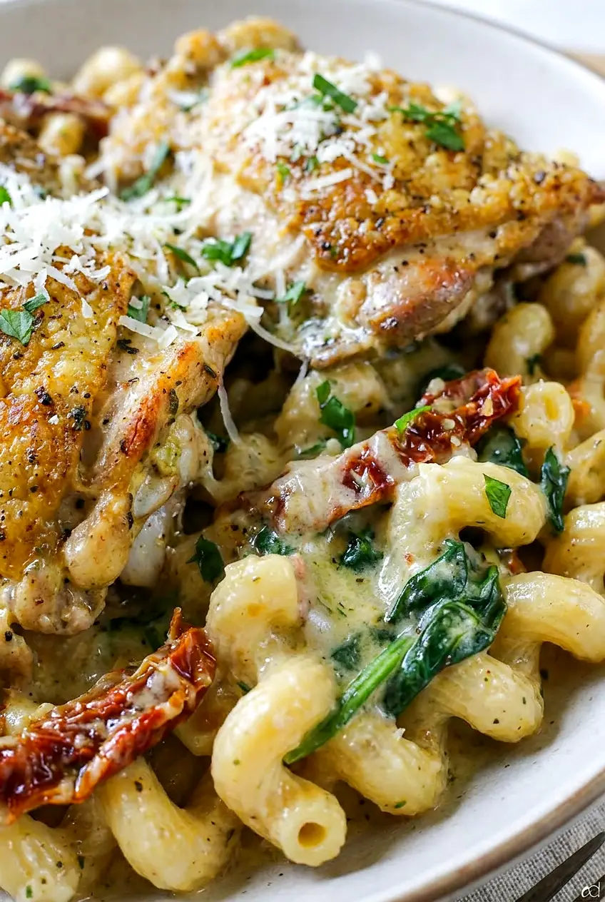 Close-up of creamy chicken thigh pasta showing glossy sauce, tender pasta, and grated Parmesan.