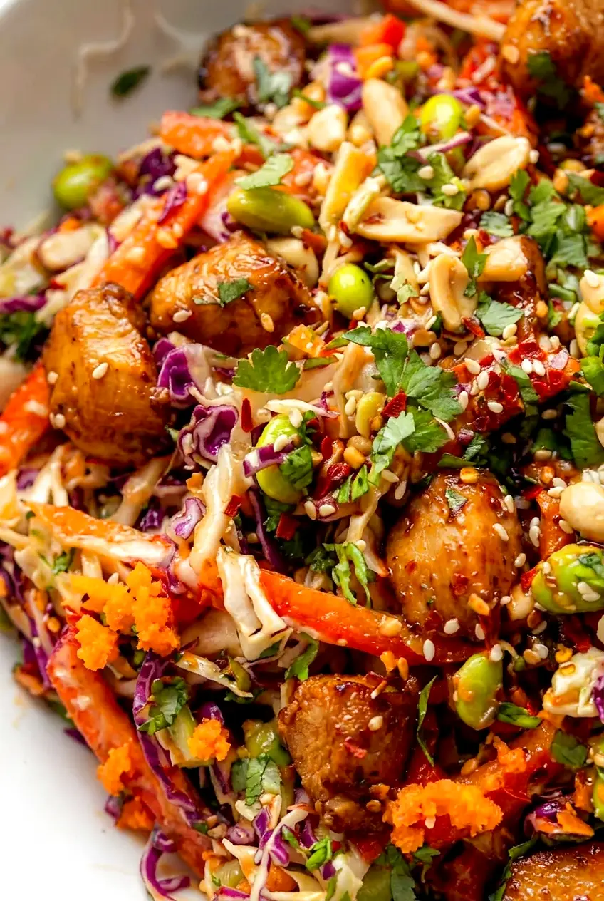Close-up of Asian chicken crunch salad with peanut dressing coating crisp cabbage and chicken