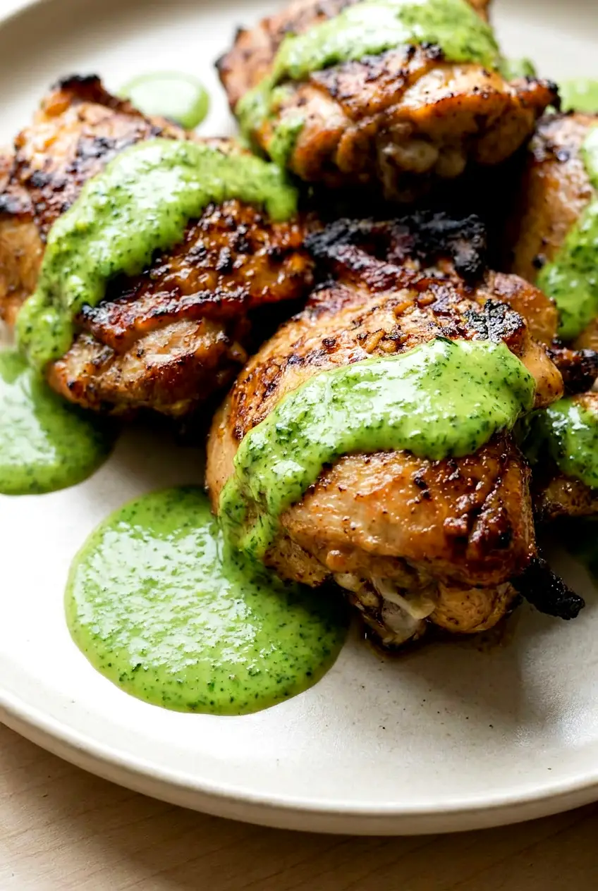 Close-up of grilled chicken with creamy green sauce showing browned edges and juicy texture