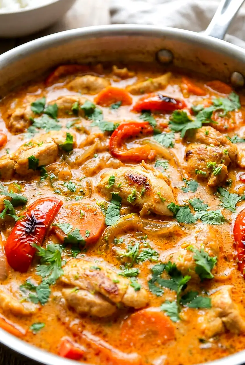 Close-up of Thai red curry chicken with tender chicken pieces, vegetables, and creamy red curry sauce