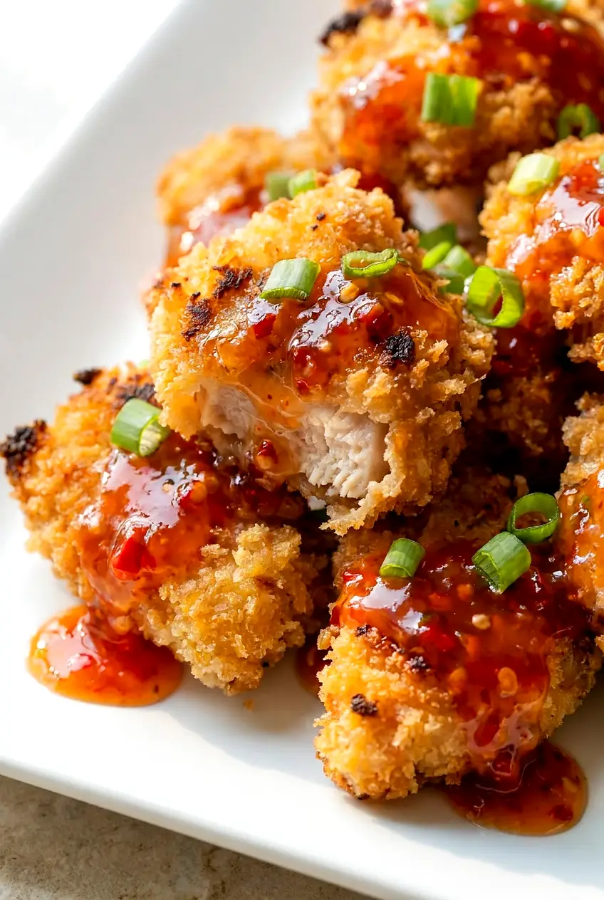 Close-up of crispy Thai chicken bites with a glossy sweet red chili sauce drizzle