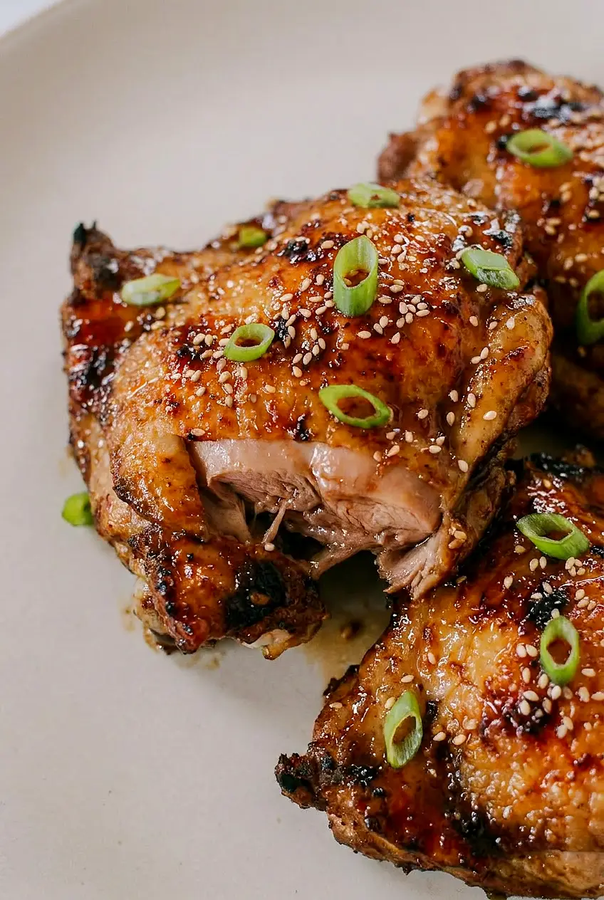 Close-up of Asian five-spice chicken showing crisp browned skin and juicy roasted meat.