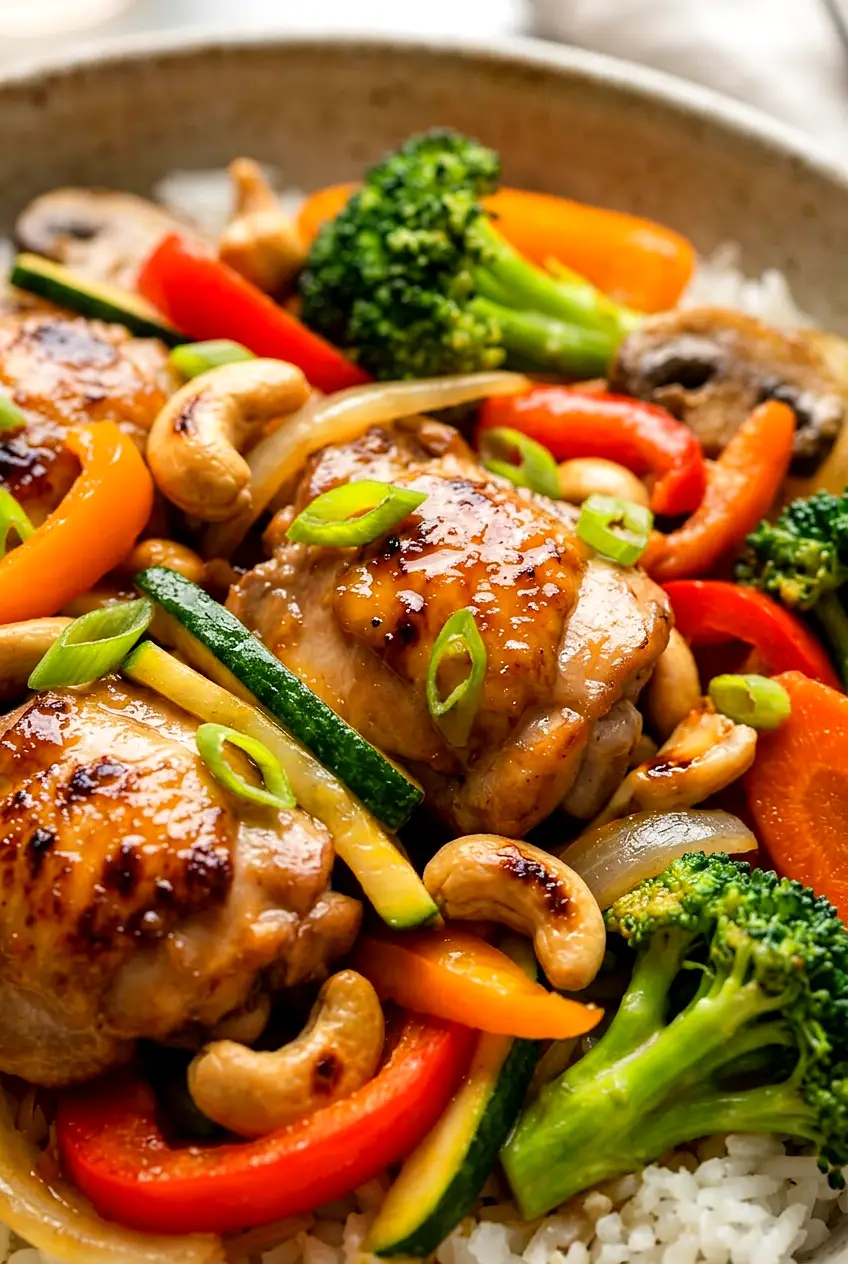 Close-up of chicken stir-fry showing tender chicken, crisp vegetables, and shiny honey-soy sauce