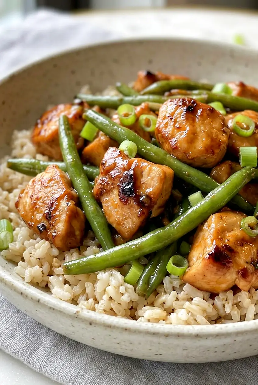 Close-up of chicken and green beans in glossy stir-fry sauce with tender browned pieces