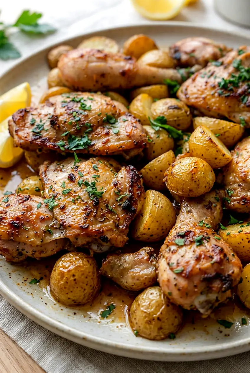 Close-up of one pan chicken and potatoes showing crisp browned skin, tender potatoes, and glossy pan juices