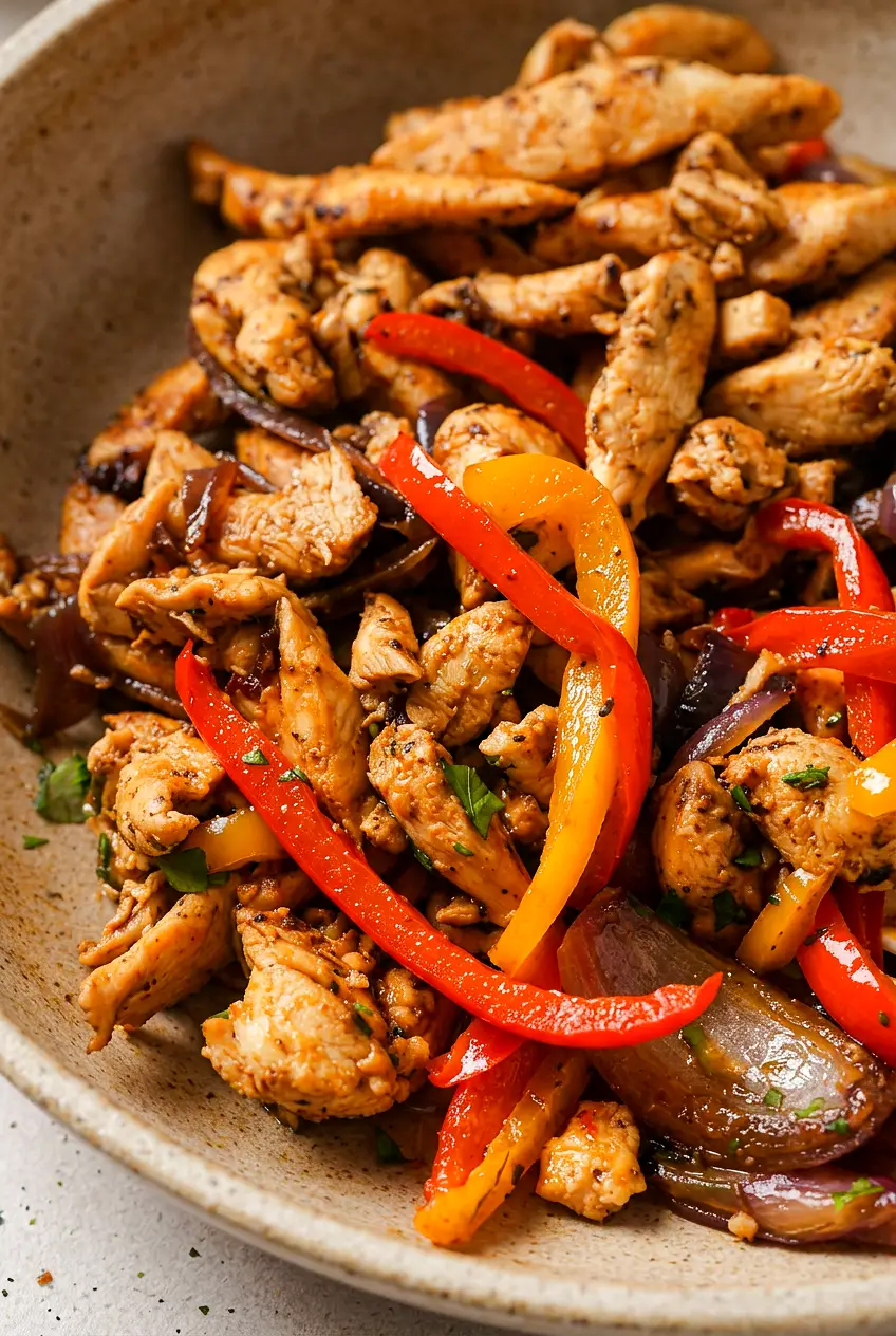 Close-up of one pan chicken and peppers with browned chicken, soft peppers, and glossy pan sauce.