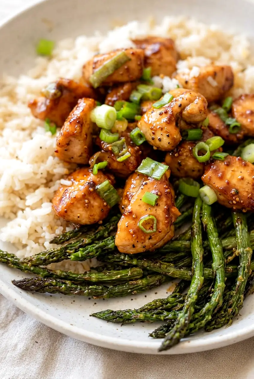 Close-up of honey mustard chicken with tender asparagus and glossy glaze over jasmine rice