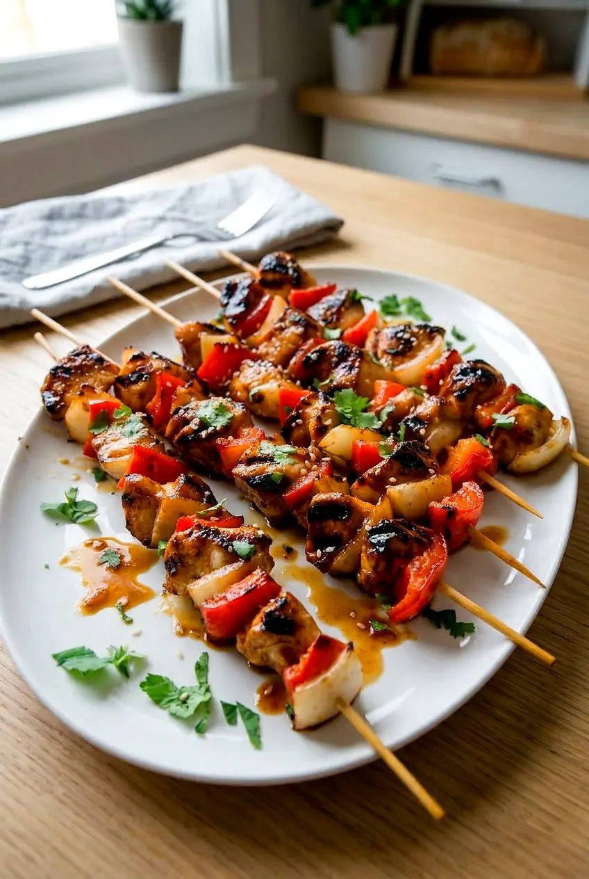 Side angle of honey garlic chicken skewers on a platter, with caramelized glaze and sesame seed garnish visible.