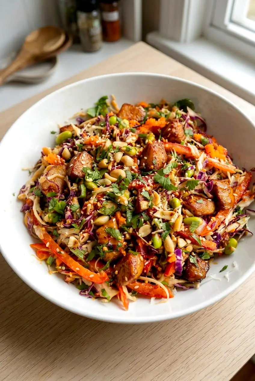 Side view of Asian chicken crunch salad with peanut dressing and chopped peanuts on top